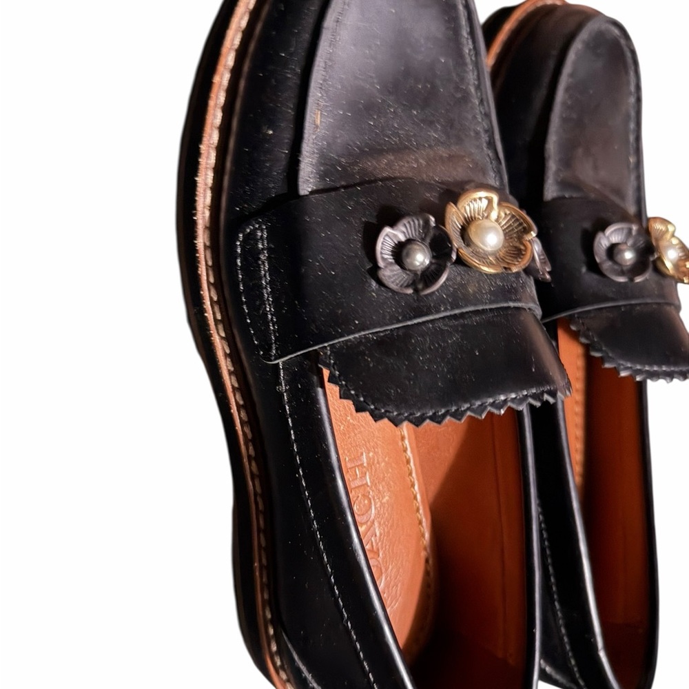 Coach Black Leather Lenox lug Loafers with Gold and Silver Accents - Picture 2 of 4
